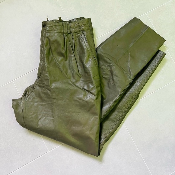 Vintage Olive Green Leather Pants Small High Rise - Picture 1 of 10